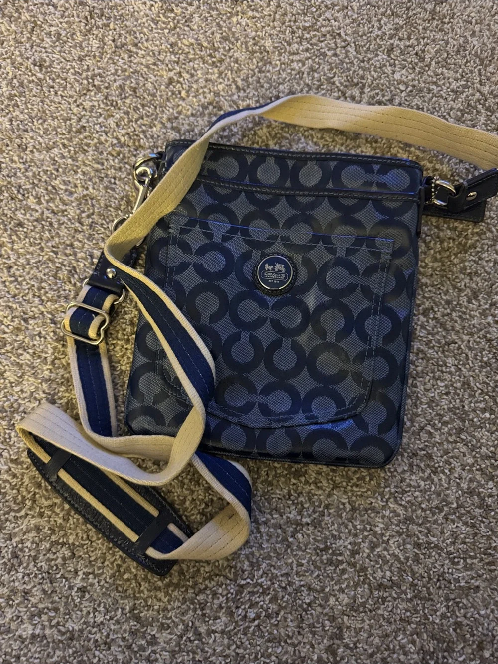 Coach Navy Signature Messenger with Cream and Navy Strap